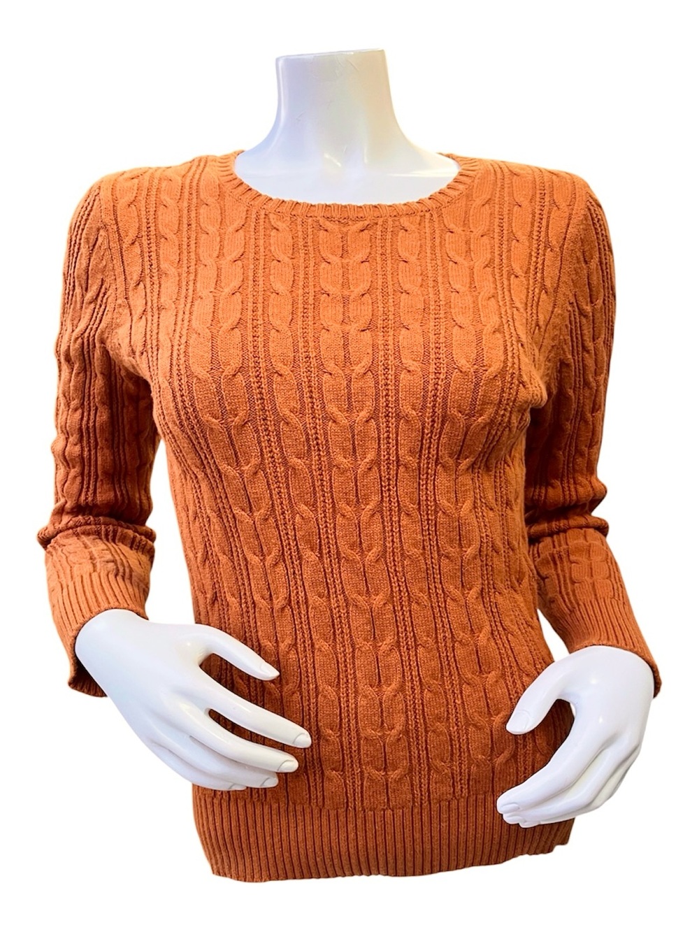 St. Johns Bay Womens Fisherman Cable-Knit Pullover Sweater Size M Coral Orange